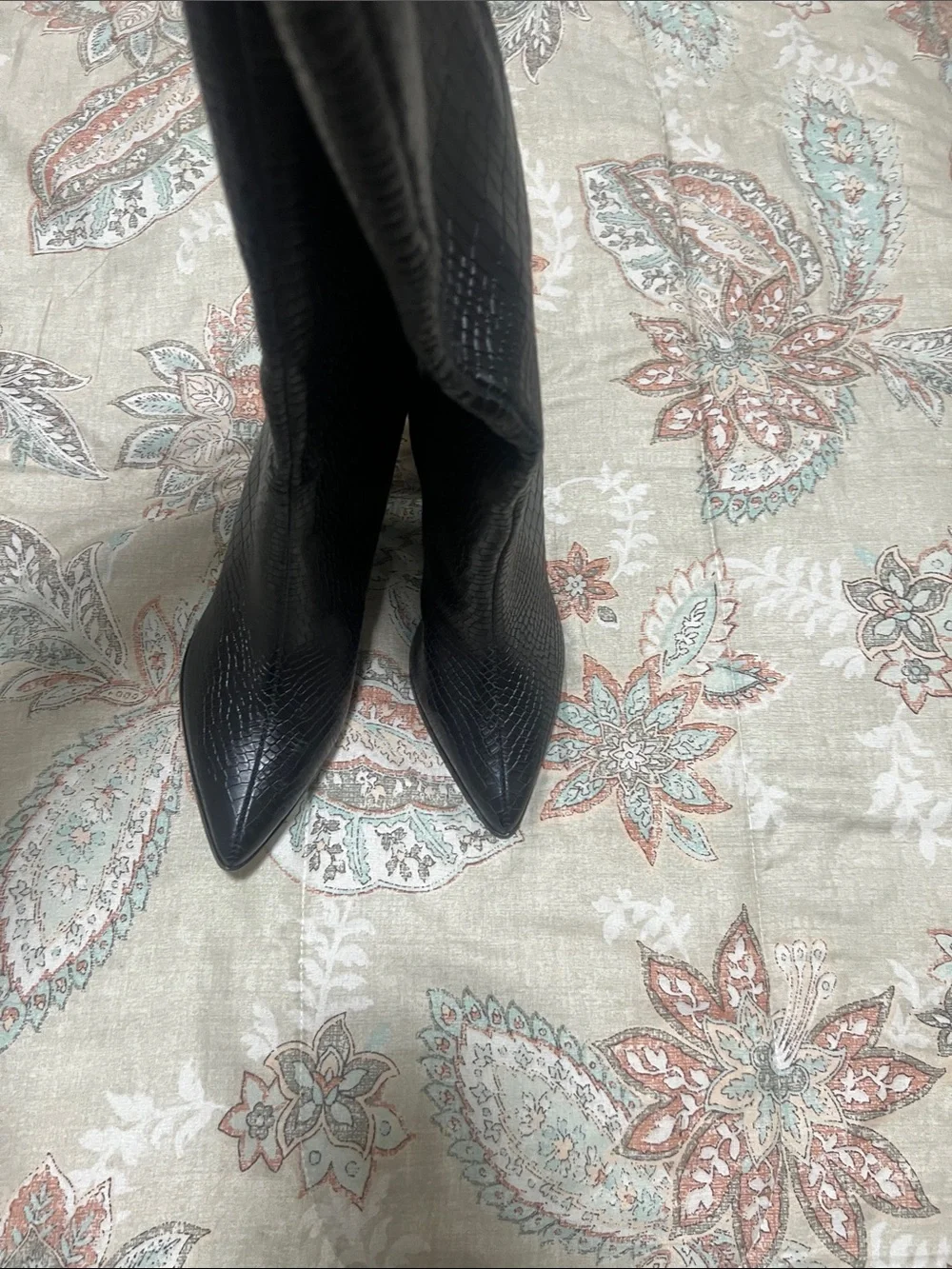 Black Croc-Embossed Knee Boots - Women's Fashion Boots